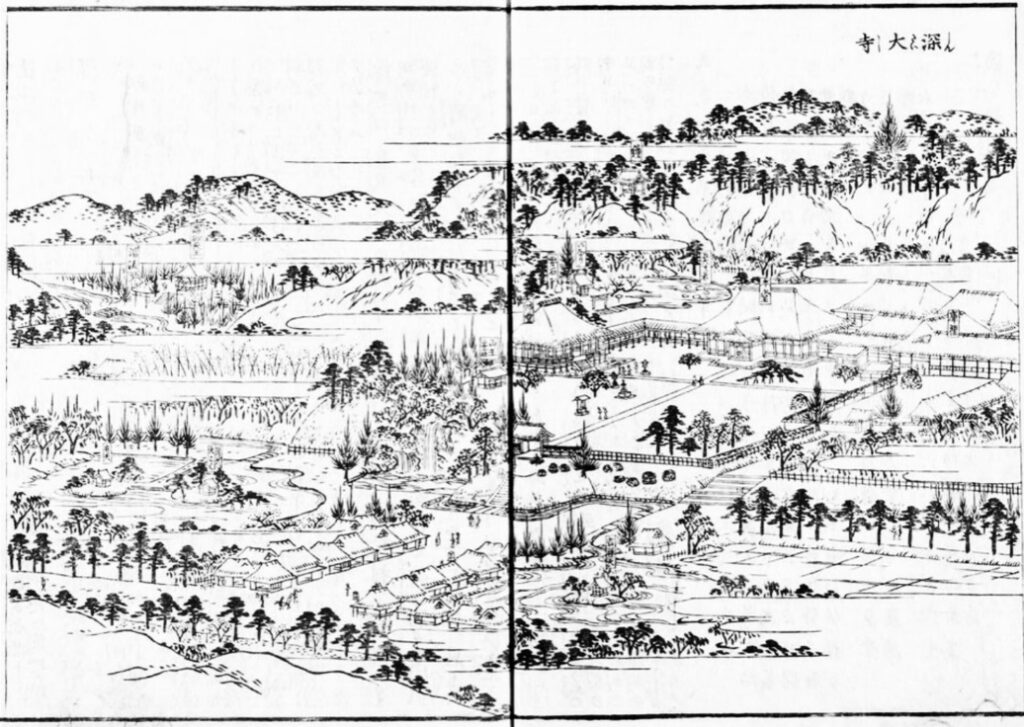 江戸名所図会 3巻に描かれている、江戸時代当時の深大寺とその周辺の図。深大寺正面には茶屋らしき家屋がすでに立ち並んでいるのがわかる。