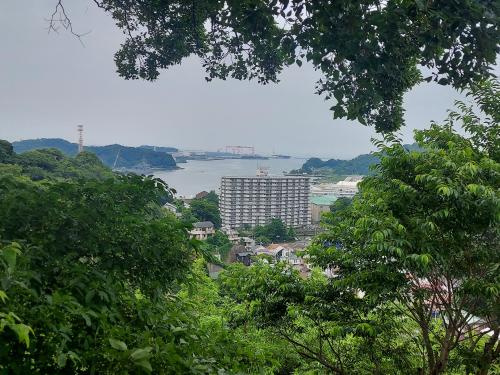 月見台住宅から見下ろした景色。緑に囲まれたエリアから長浦湾が望める。