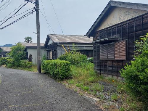 月見台住宅の街並み。古い平屋建ての住宅群が並ぶ様子。静かな雰囲気と自然が調和したどこか懐かしい風景。