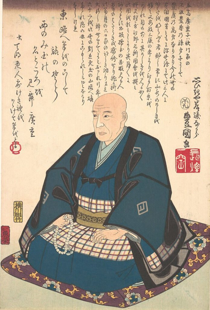 歌川広重の肖像画（3代豊国筆、安政5年・1858年）。江戸時代の浮世絵師で、『東海道五十三次』や『富士三十六景』などの名作を手がけた。