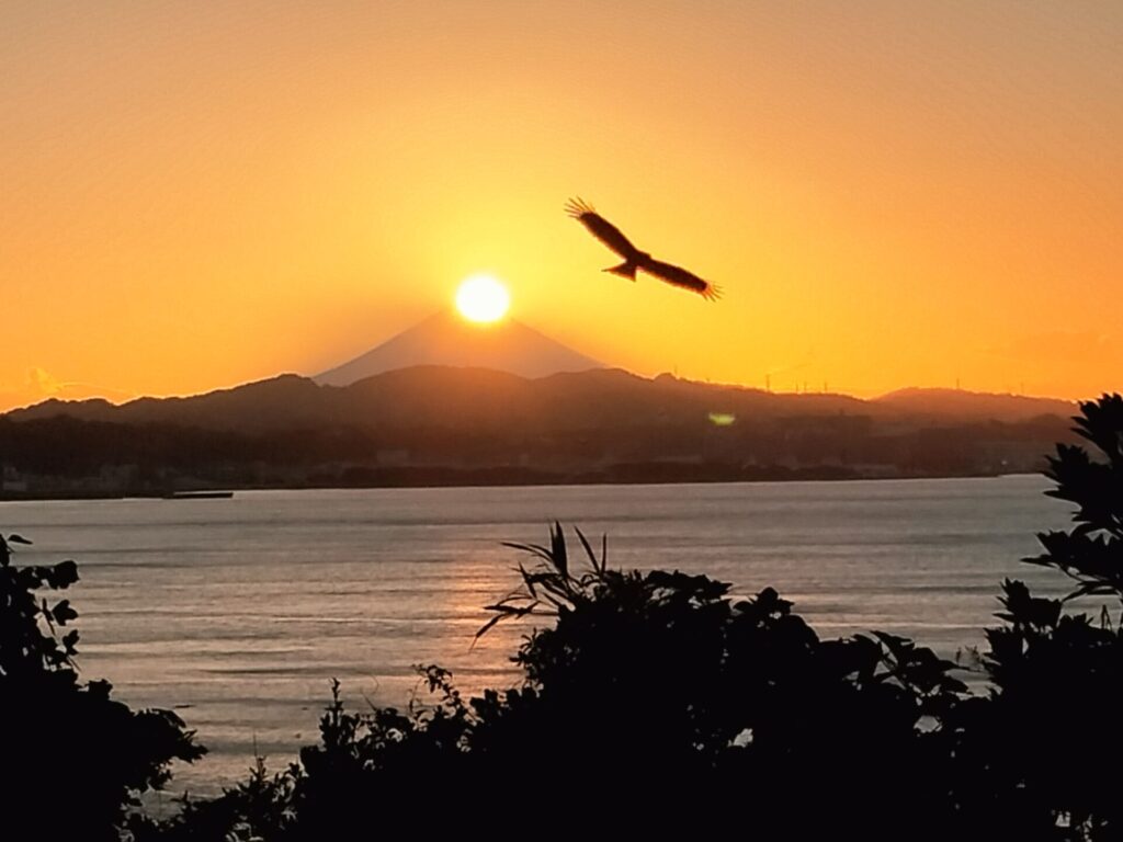 神奈川県横須賀市・立石公園から望むダイヤモンド富士。夕日が富士山の頂上に沈み、黄金色に輝く幻想的な風景。シルエットの鳥が空を舞い、自然の美しさを際立たせる。