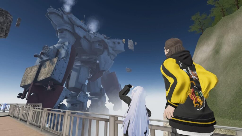 Screen shot of Mikasa Giant Robot in Sarushima world. Two people are looking up the Giant Robot.
