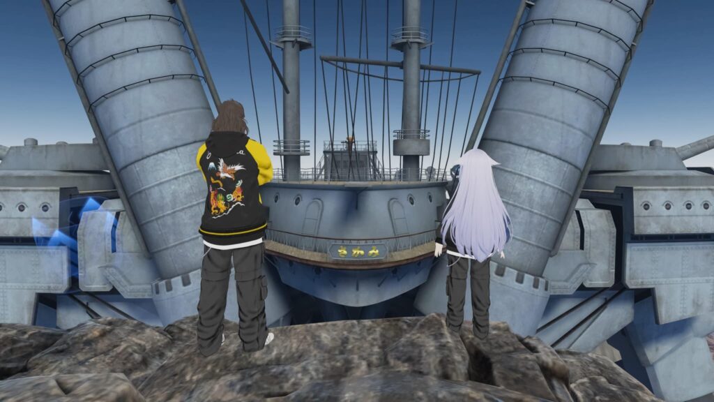 Screen shot of Mikasa Giant Robot in Sarushima world. Two people are looking at the Giant Robot from the front.