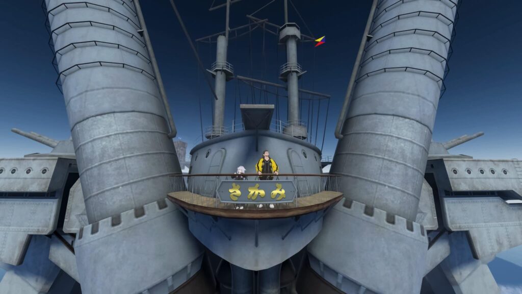 Screen shot of Mikasa Giant Robot in Sarushima world. Two people are looking at the Sky from the Robot deck.